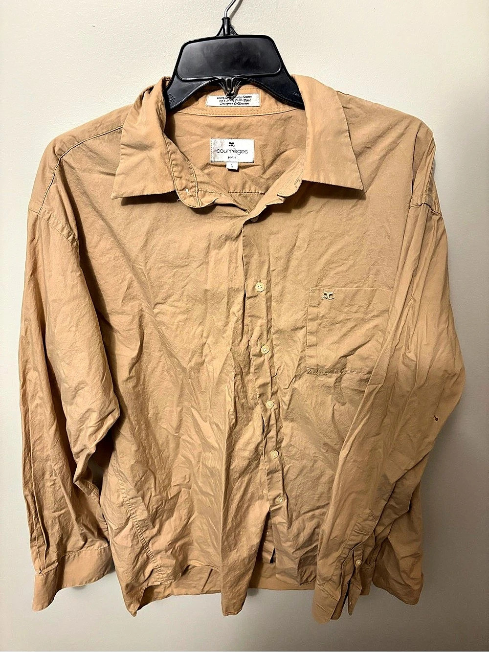 Vintage Courreges Paris Men Large Tan Beige Long Sleeve Pocket Button Up Shirt L